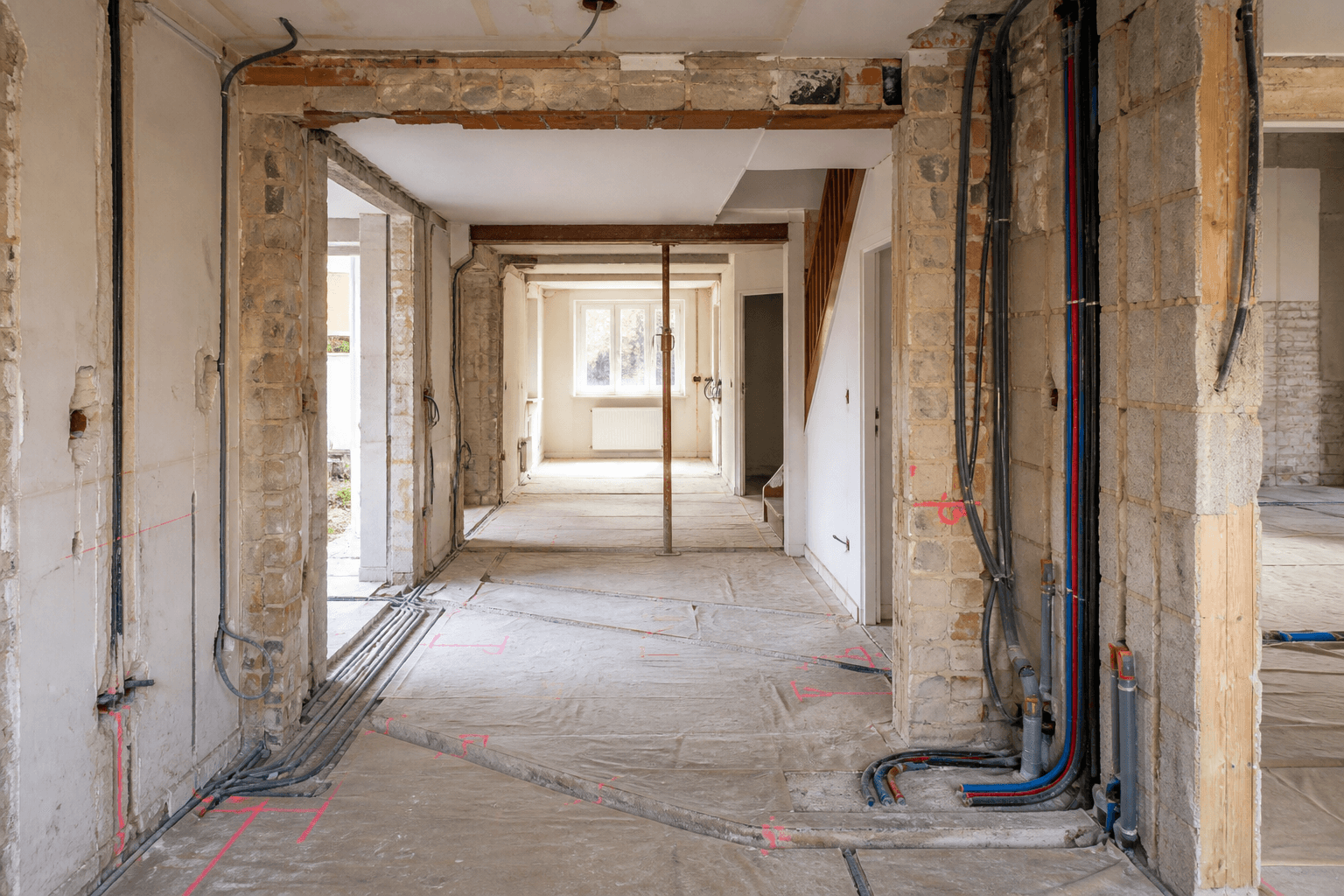Chantier intérieur avec structure et réseaux apparents