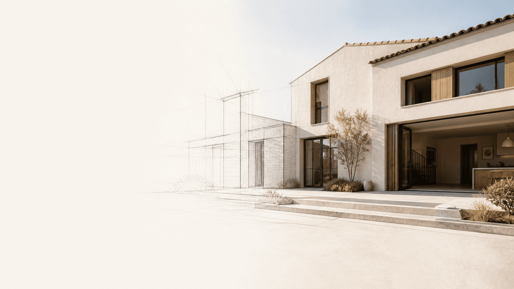 Maison rénovée se révélant progressivement depuis une esquisse architecturale